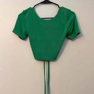 Green Short Sleeve Crop Top with Back Tie